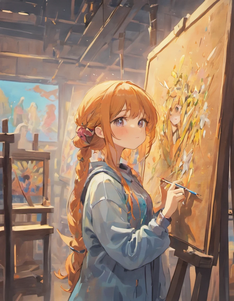 A girl painter,painting with vivid colors and precise brushstrokes,creative atmosphere,beautiful detailed eyes and face,artistic presence,expressive brushwork,artistic studio lighting,inspired by the beauty of nature,bohemian style clothing,standing in front of a canvas, surrounded by her artwork and art supplies,paint splatters on her hands and clothes,subtle color palette,soft and natural lighting,artistic composition,blending of different art styles,impressionistic elements,abstract elements,masterpiece:1.2,ultra-detailed,realistic,photorealistic:1.37,high resolution,large canvas dimensions