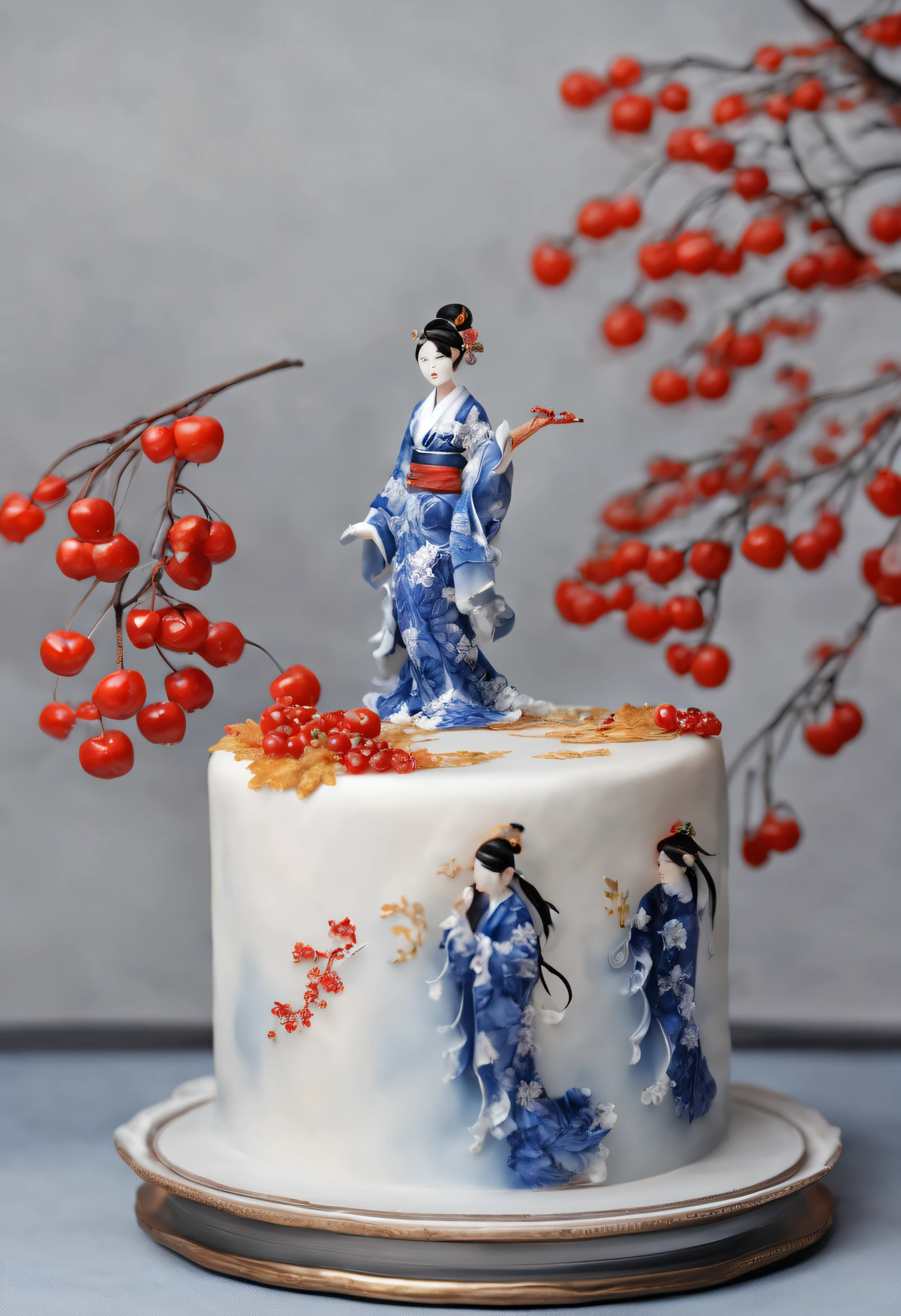 (Cake on a plate) ,Blue and white design, cake art, Blue, White and gold, Jelly cake, Blue and white clothes, The edge of the cake,Complex pastry-making techniques,Delicate lace loops were made。These laces are predominantly golden yellow and red,It is inlaid with a variety of small and delicate red cherries、blueberries,SakuraNS,maple leaves,Add rich color and texture to cakes,At the same time, It also symbolizes China's prosperity and abundance。chinese blue and white porcelain, Cake sculpture
Add a little background: Dark blue,close up photograph,Photography,a beautiful painting by Tan Yin,Alphonse Mucha,Ukiyo-e art,,Masterpiece,Chinese painting,dripping paint,author:nobuyoshi araki, author:paul barson,Mellow Atmosphere,Calm atmosphere,Depth of field (degrees of freedom),Close up,gentle illumination, --AR 9:16 --style raw --upbeta3D rendering
