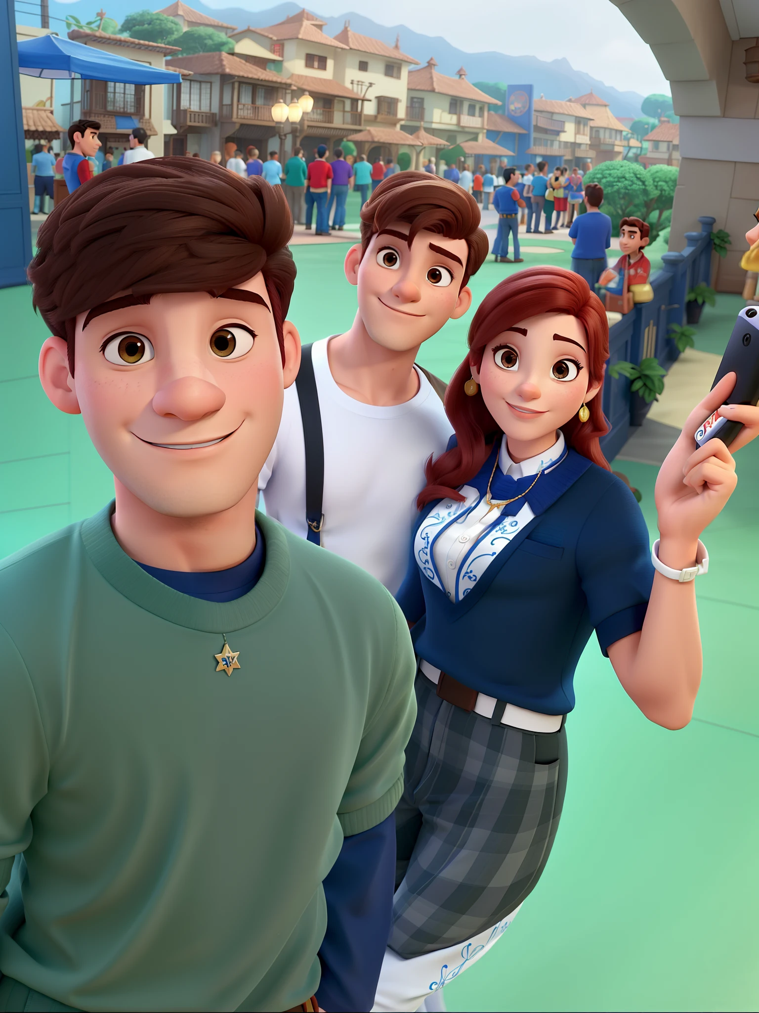 Casal (homem moreno e mulher branca) no estilo Disney Pixar, alta qualidade, melhor qualidade.