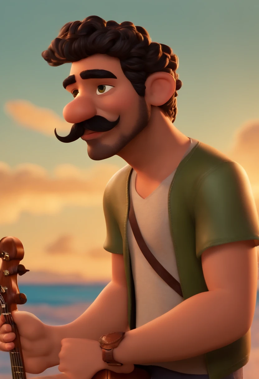 Um filme de um marrom inspirado na Disney Pixar, Homem de 20 anos com rosto magro, cabelos preto, Bigode , camisa de surfista, shorts, leather sandals on the feet, Holding a 4-string bass