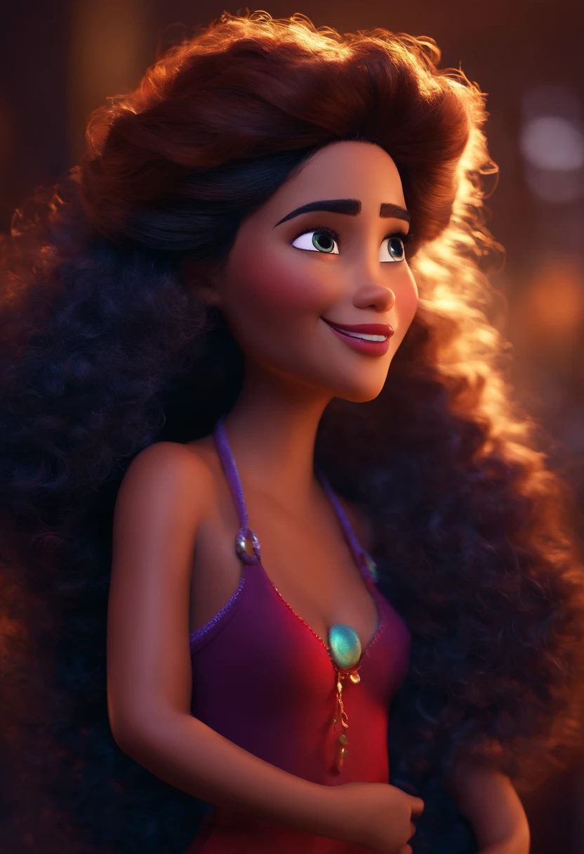 Imagem estilo Pixar com personagem 3D mulher morena grande cabelo encaracolado iluminado, Contemporary Dancing , Maquiagem Disney,Pescador, bonitinho, sorridente ,Close-up, Pixar, Disney, Cinema lighting,