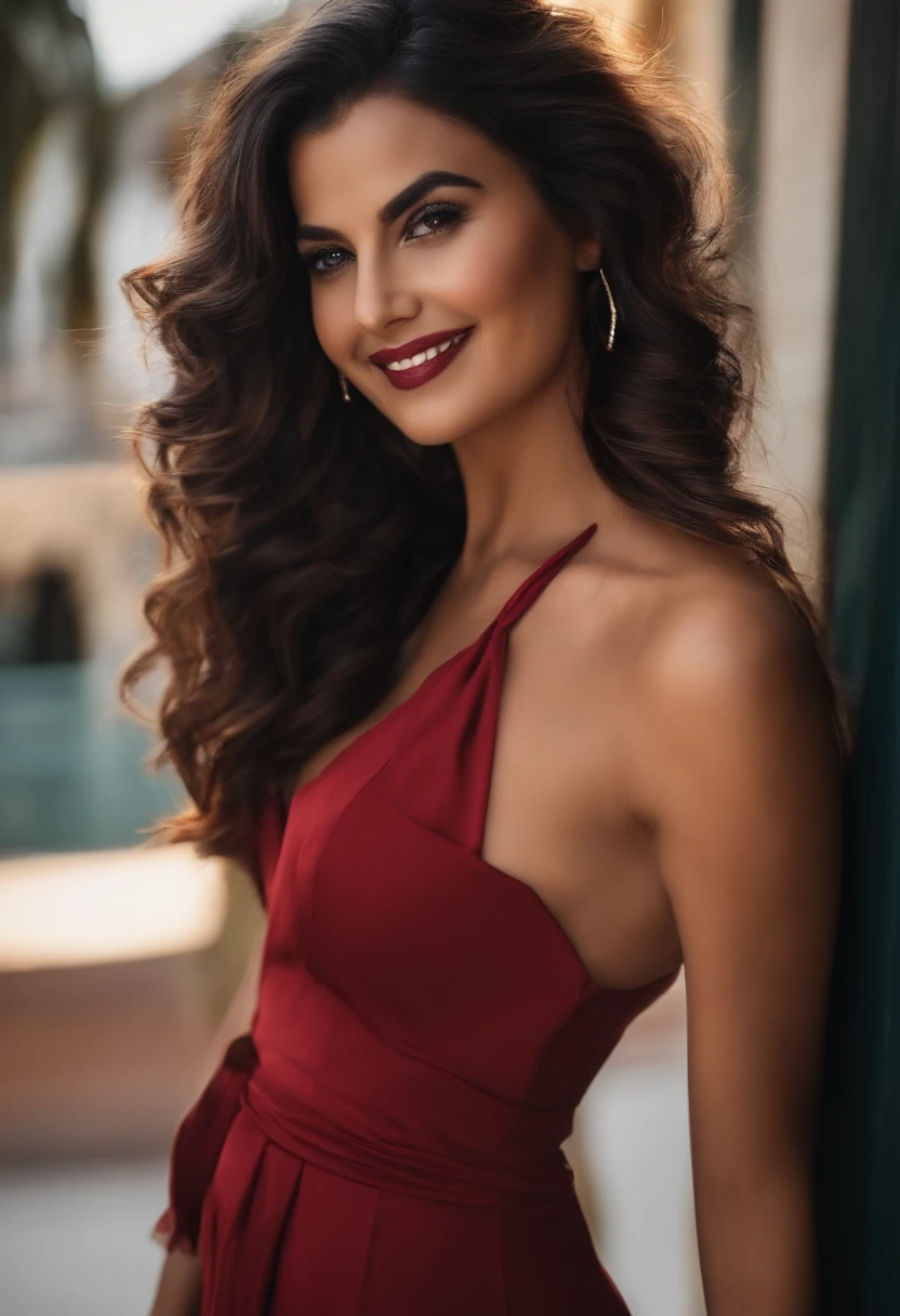 Morena, baixa, seios grandes, cabelo vermelho curto, sorriso lindo