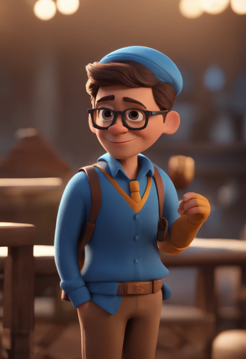 Cartoon character of a man with black glasses and a blue shirt, animation character, Caractere estilizado, animation style rendering, 3D estilizado, Arnold Maya render, 3 d render stylized, toon render keyshot, Personagem 3D, Personagem 3D, 3d rendering stylized, 3 d character render, personagem de desenho animado, Personagem de close up, Pose de personagem, (Estilo Pixar) (master part:1.2) (Bokeh) (best quality) (pele detalhada) (textura detalhada) (8k) (argila) (Cinematic lighting) (foco nítido