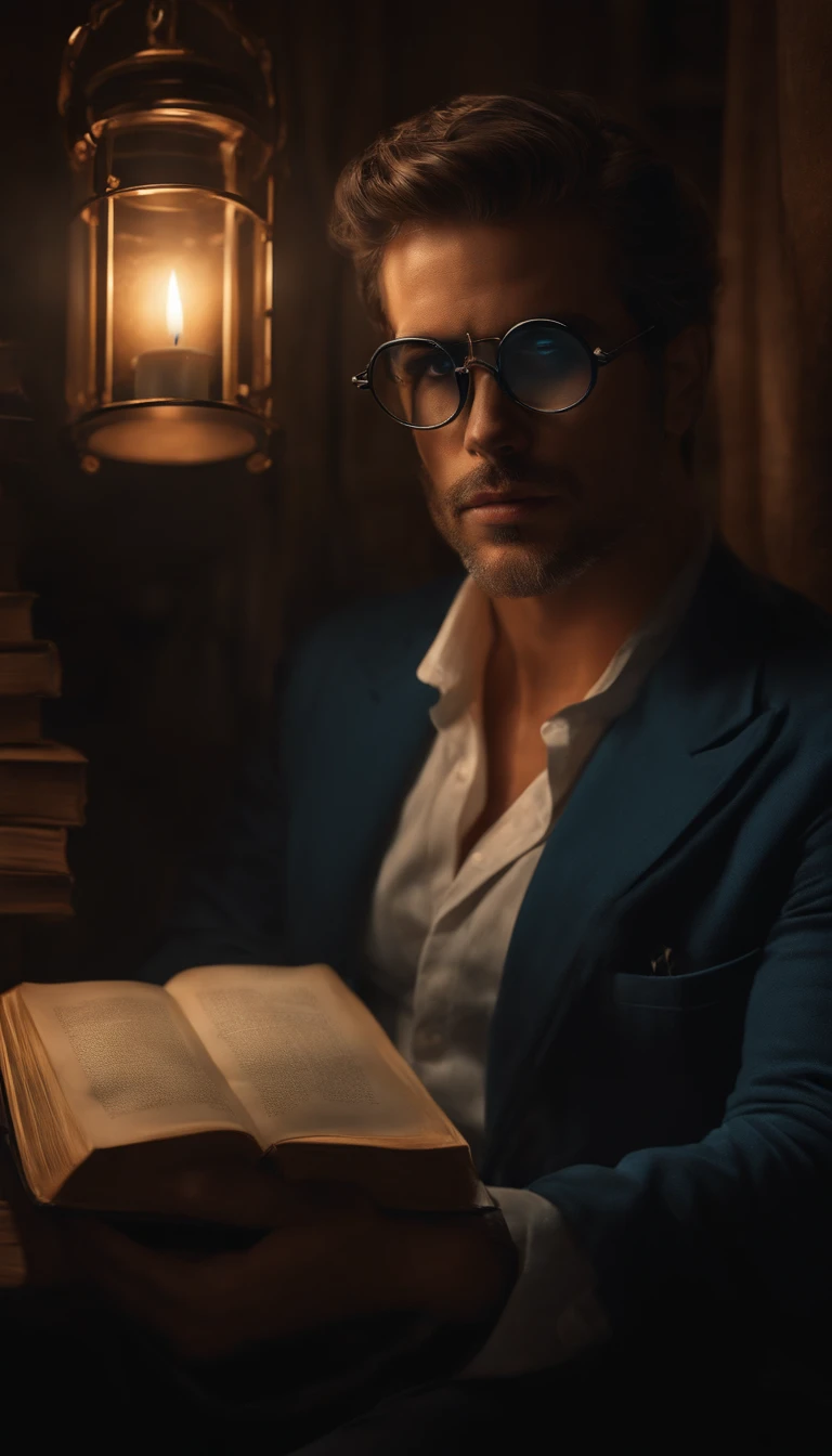 Um belo escritor masculino , with depression , wearing goggles , em um quarto escuro cercado por livros , lit by candle light , Beautiful photorealistic illustration , detalhes intrincados, olhar para frente, olhando para mim