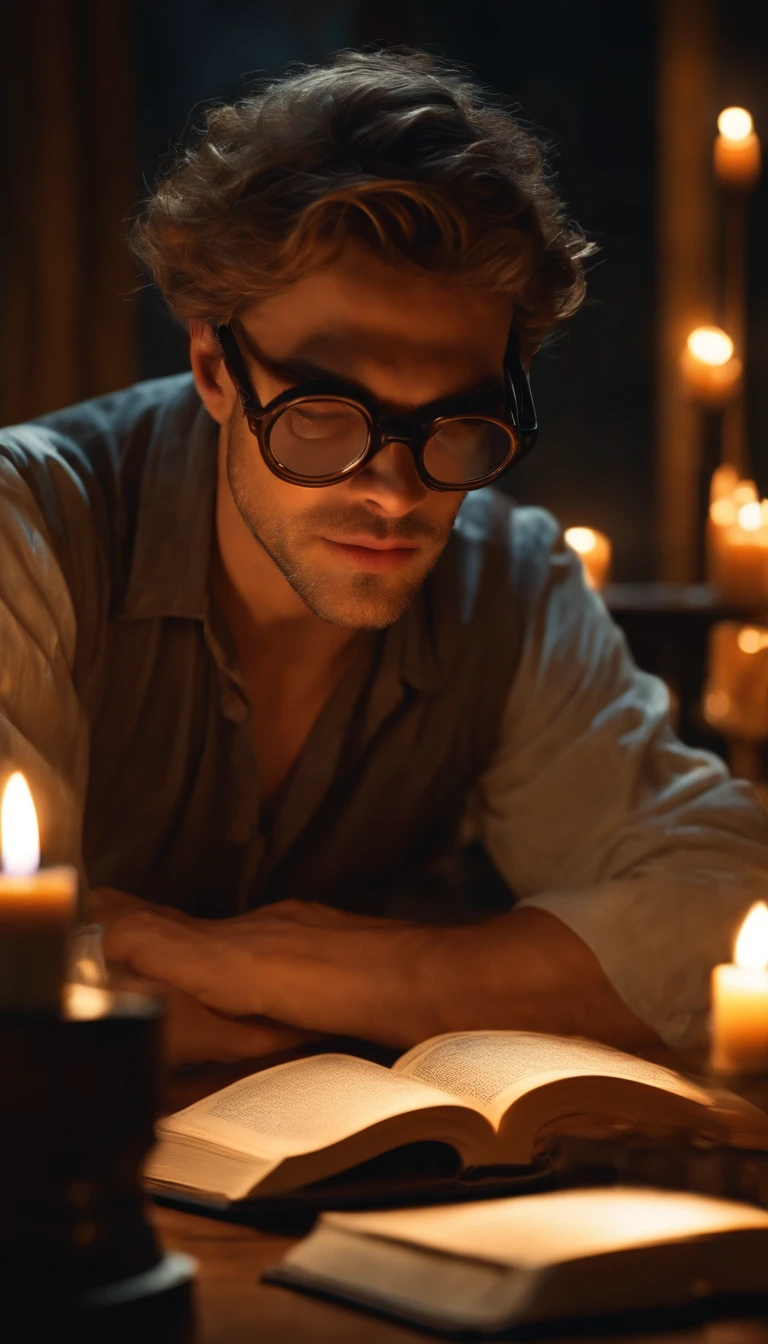 Um belo escritor masculino , with depression , wearing goggles , em um quarto escuro cercado por livros , lit by candle light , Beautiful photorealistic illustration , detalhes intrincados, olhar para frente, olhando para mim