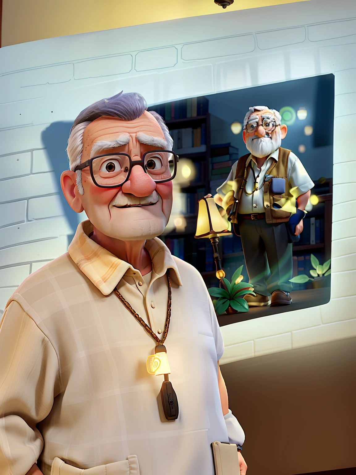 A wise old man standing in front, illuminated by the light of a lamp, against the backdrop of a library