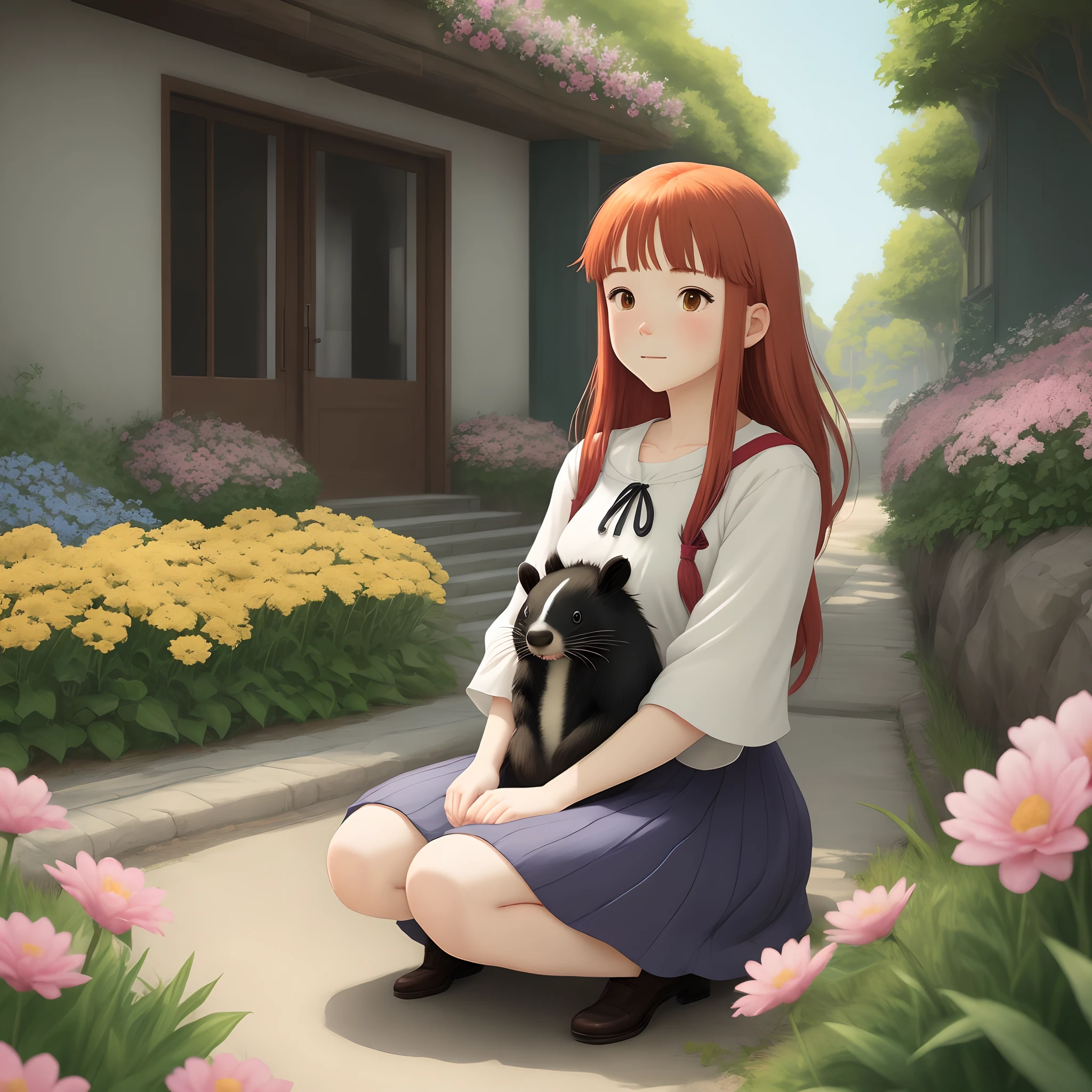 Studio ghibli style, red head girl holding a skunk, bright outside, flowers