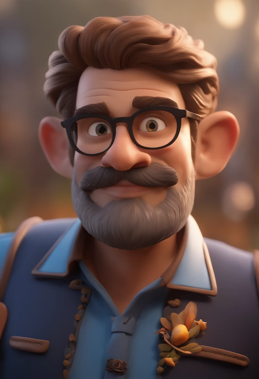 Personagem de desenho animado de um homem careca, de barba, usando e uma camisa azul, um personagem animado, Caractere estilizado, animation style rendering, 3D estilizado, Arnold Maya render, 3 d render stylized, toon render keyshot, Personagem 3D, Personagem 3D, 3d rendering stylized, 3 d character render, personagem de desenho animado, Personagem de close up, Pose de personagem, (Estilo Pixar) (master part:1.2) (Bokeh) (best quality) (pele detalhada) (textura detalhada) (8k) (argila) (Cinematic lighting) (foco nítido,Senta e vaza a parte superior do corpo