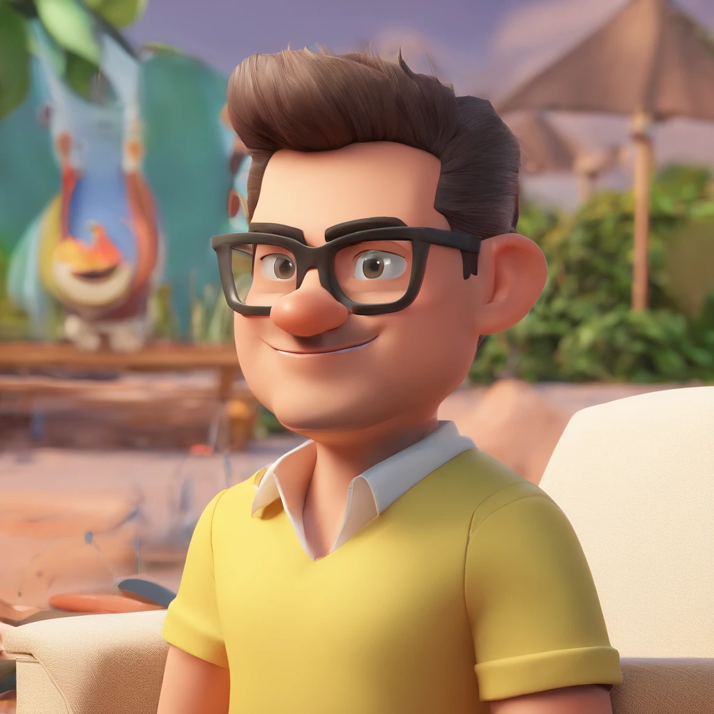 Criar um personagem no estilo Pixar. Trata-se de um homem de 30 anos, com barba, Branco, com cabelos castanhos curtos e um quiff, e olhos castanhos. Ele deve estar na frente de um computador, Trabalhar como designer