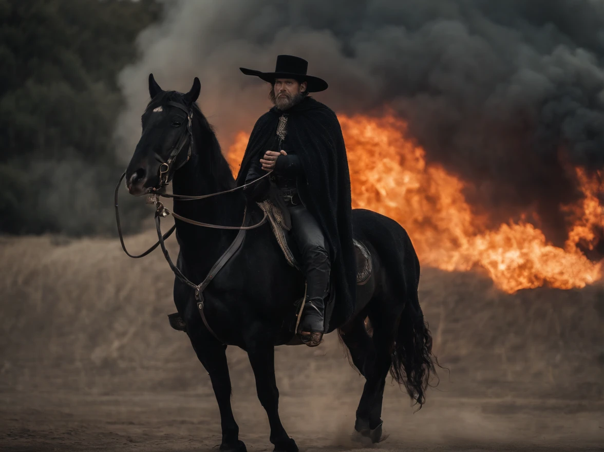 "Man with a big black hat, a wide black cloak, wearing black clothes, with flaming eyes, riding a black horse with fiery eyes, on the moon."