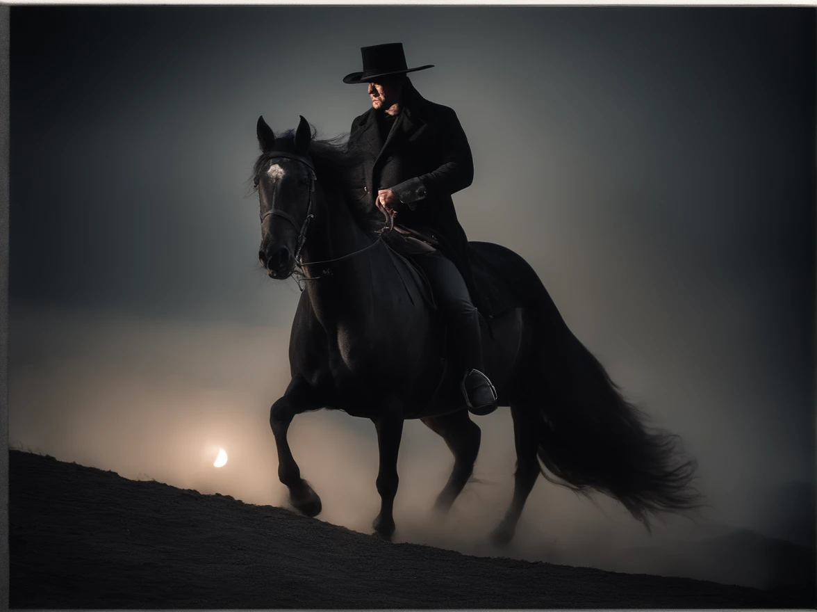 "Man with a big black hat, a wide black cloak, wearing black clothes, with flaming eyes, riding a black horse with fiery eyes, on the moon."