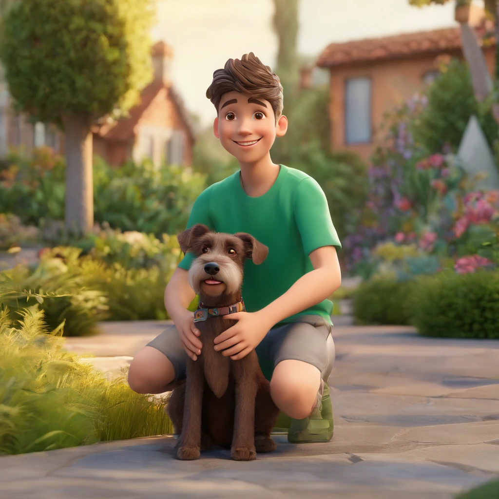 Lucas is a smiling -yeld hu boy, com seu fiel amigo, Bolt, o cachorro schnauzer, deitados no jardim