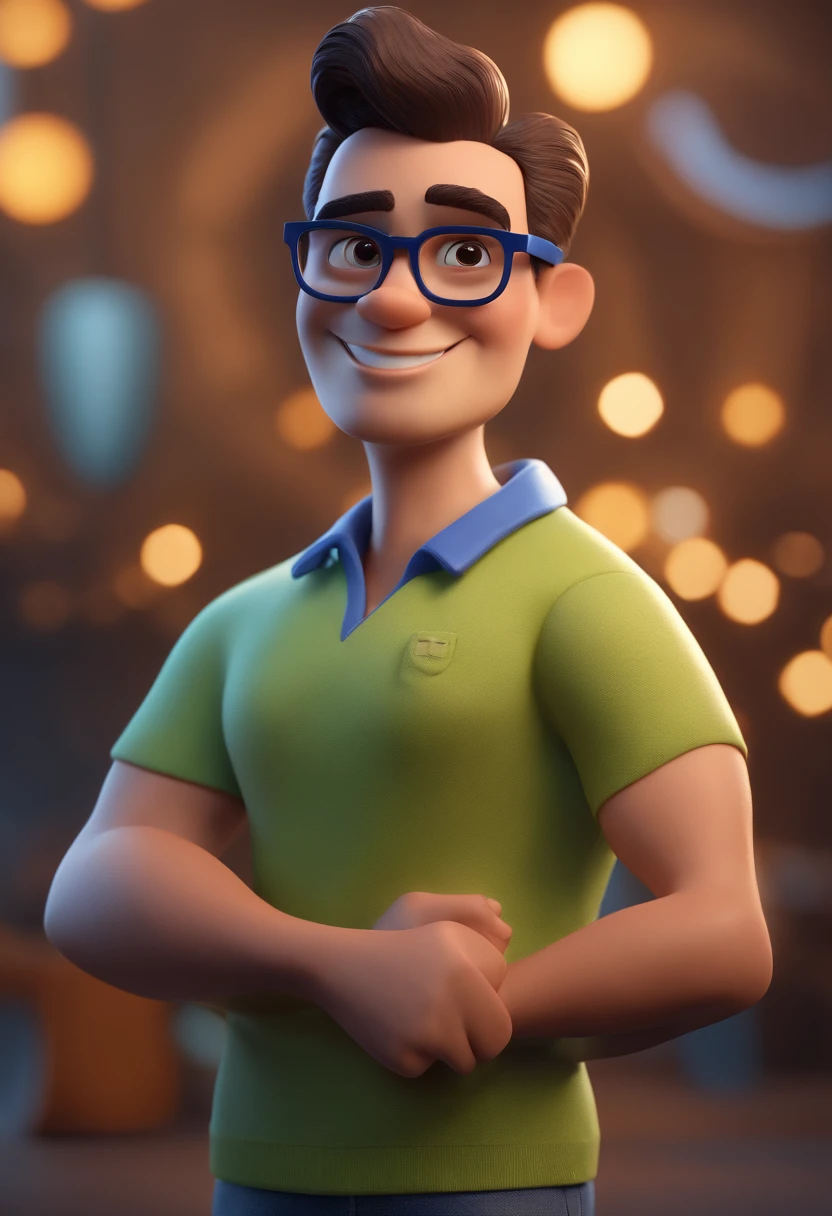 Cartoon character of a man with black glasses and a blue shirt, animation character, Caractere estilizado, animation style rendering, 3D estilizado, Arnold Maya render, 3 d render stylized, toon render keyshot, Personagem 3D, Personagem 3D, 3d rendering stylized, 3 d character render, personagem de desenho animado, Personagem de close up, Pose de personagem,  (Estilo Pixar) (master part:1.2) (Bokeh) (best quality) (pele detalhada) (textura detalhada) (8k) (argila) (Cinematic lighting) (foco nítido