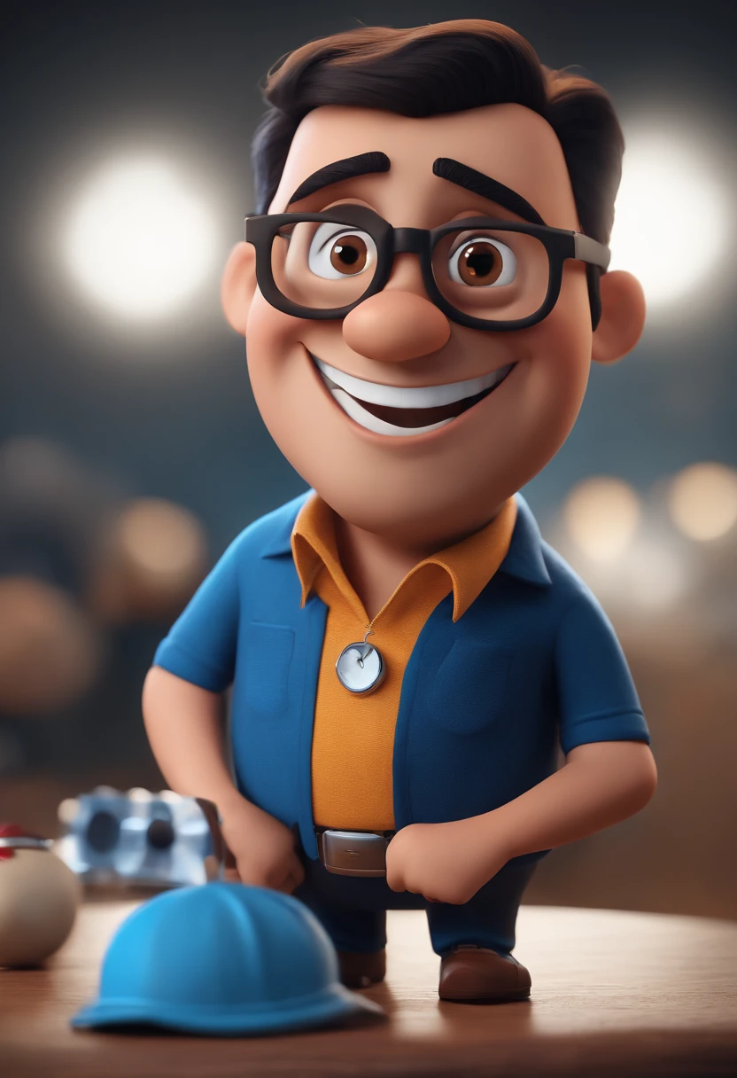 Cartoon character of a man with black glasses and a blue shirt, animation character, Caractere estilizado, animation style rendering, 3D estilizado, Arnold Maya render, 3 d render stylized, toon render keyshot, Personagem 3D, Personagem 3D, 3d rendering stylized, 3 d character render, personagem de desenho animado, Personagem de close up, Pose de personagem, (Estilo Pixar) (master part:1.2) (Bokeh) (best quality) (pele detalhada) (textura detalhada) (8k) (argila) (Cinematic lighting) (foco nítido