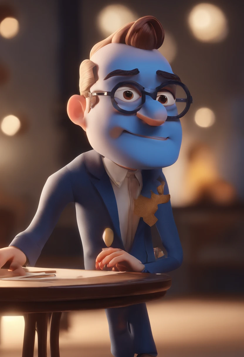 Cartoon character of a man with black glasses and a blue shirt, animation character, Caractere estilizado, animation style rendering, 3D estilizado, Arnold Maya render, 3 d render stylized, toon render keyshot, Personagem 3D, Personagem 3D, 3d rendering stylized, 3 d character render, personagem de desenho animado, Personagem de close up, Pose de personagem, (Estilo Pixar) (master part:1.2) (Bokeh) (best quality) (pele detalhada) (textura detalhada) (8k) (argila) (Cinematic lighting) (foco nítido