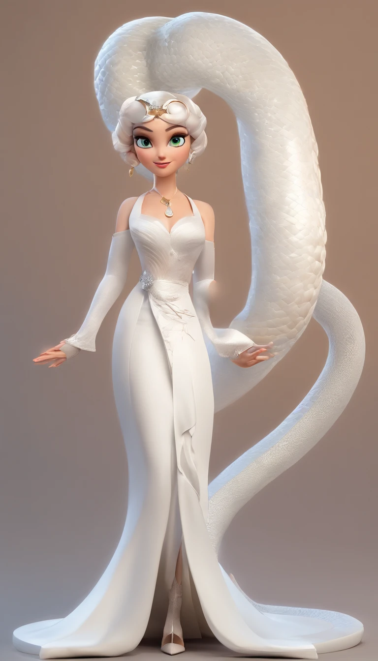 Pixar style super cute anthropomorphic white snake, seios grandes,clivagem,Traje fora do ombro,Traje de Dahan e coroa de cristal, Standing, Olhos grandes encantadores, cauda bonito, Standing, surreal, super fino, luxuoso, Graceful standing, Olhos grandes encantadores, cauda bonito, Standing, surreal, super detalhado, luxuoso, elegante, Complexo, gorgeous, illusory engine, octane rendering, 8k, surrealismo de Frey