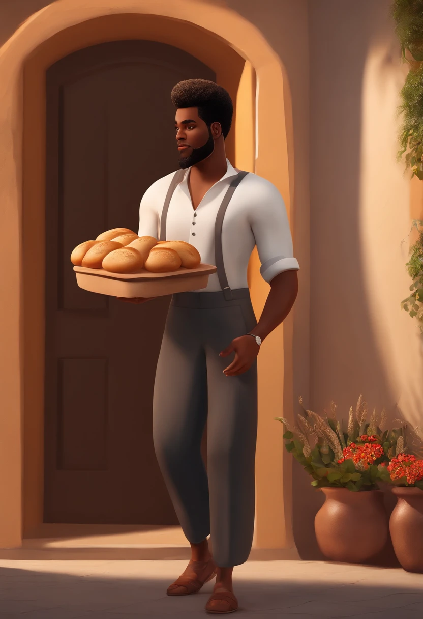 Personagem de desenho animado de um homem negro, meio gordinho, pouco cabelo vestido de padeiro, With bread in hand, Com uma mulher branca, baixa estatura, gordinha, vestida de padeiro. Bakery scenery, em 3D.