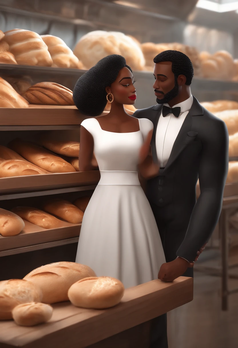 Personagem de desenho animado de um homem negro, meio gordinho, pouco cabelo vestido de padeiro, With bread in hand, Com uma mulher branca, baixa estatura, gordinha, vestida de padeiro. Bakery scenery, em 3D.