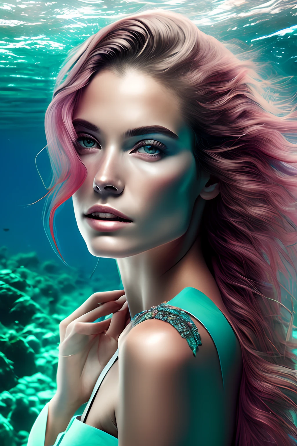 Sereia, cabelo longo vermelho, olhos azuis,pale skinned,poucas,sardas,corpo inteiro, calda prateada, conchas nos seios, is underwater.ultra realista 8k