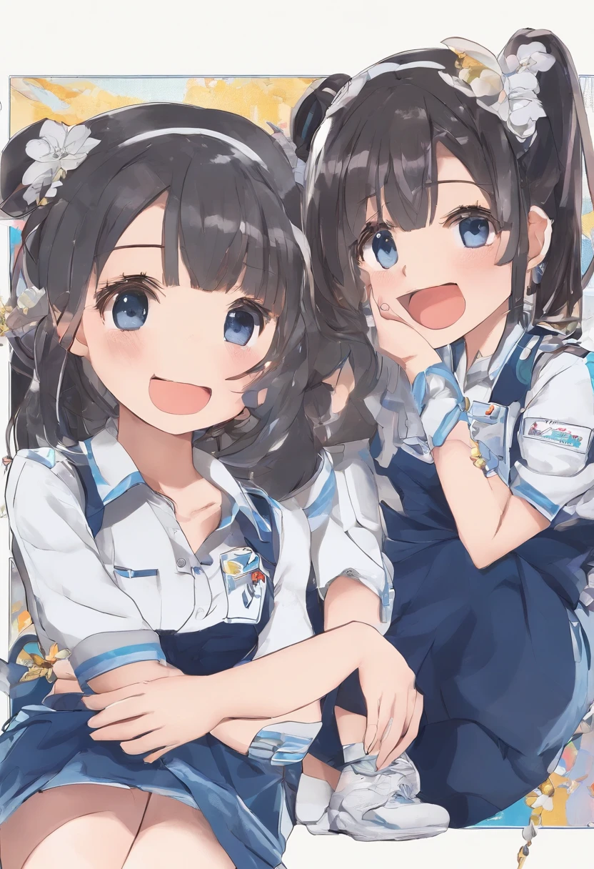 (Top quality illustrations:1.2), (pretty girl:1.1), (1 girl、、Top quality illustrations:1.2), (1 girl、smile、Small breasts、Highly detailed eyes:1.2)、Dark brown hair、short hair、Wavy Hair、Curly Hair、Low twin tails、Short pigtails、Summer fashion、from below