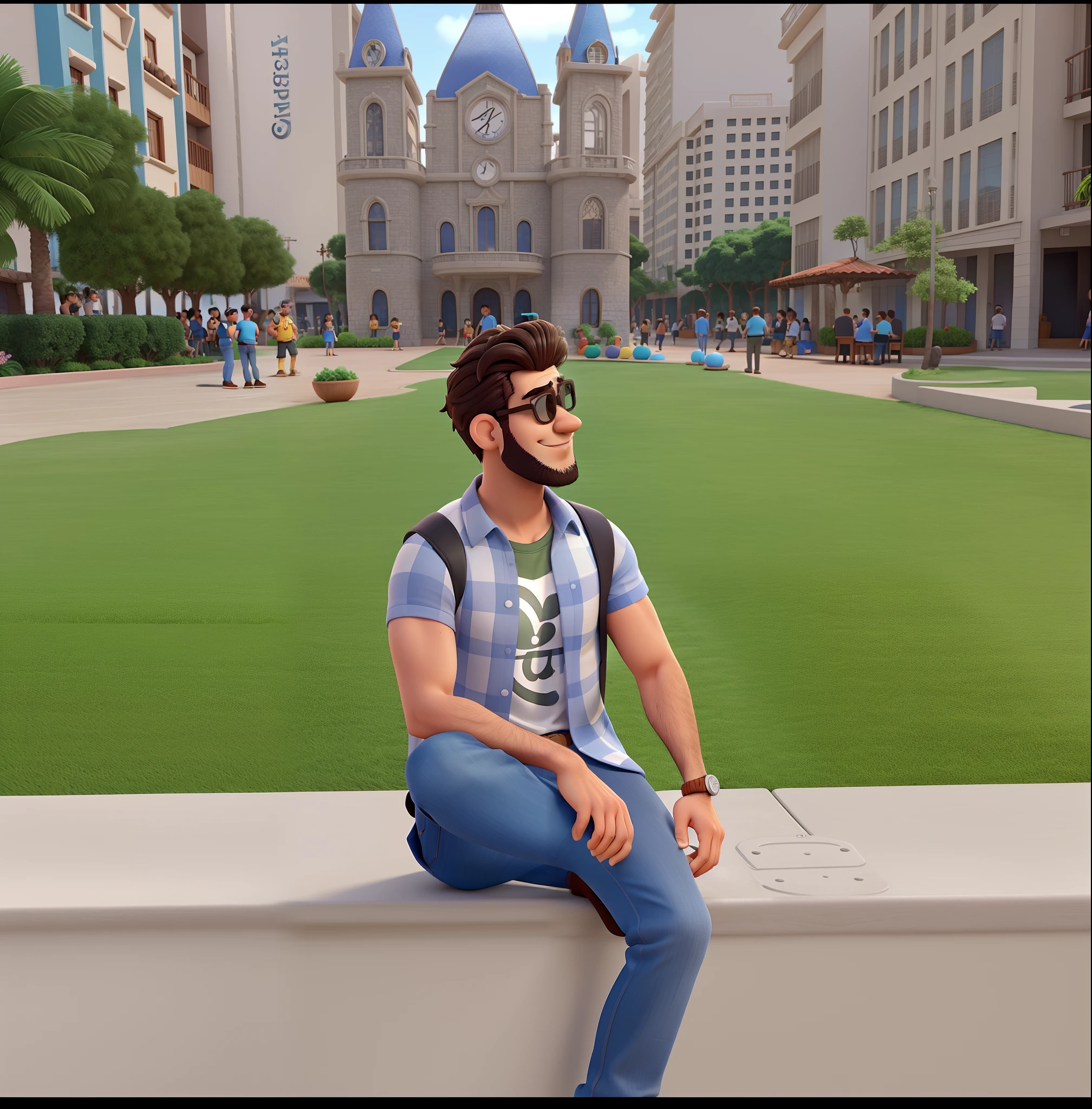 Um homem estilo Disney pixar, cabelo preto curto, sunglasses, barba