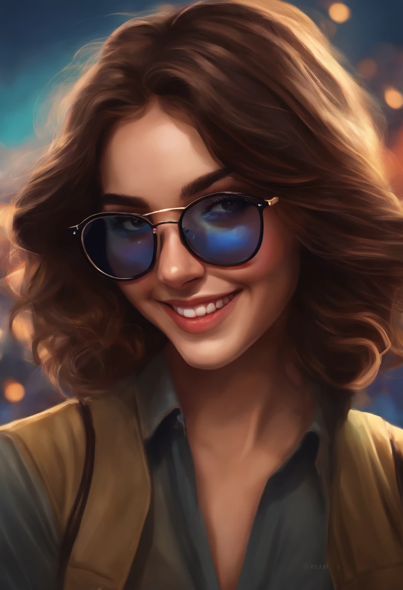 Digital art a brunette girl medium hair dark brown of 1,60 smiling glasses