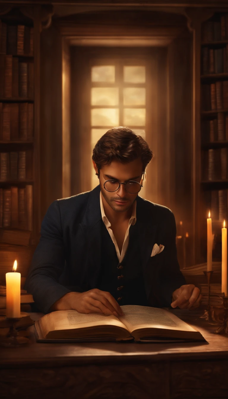 Um belo escritor masculino , with depression , wearing goggles , em um quarto escuro cercado por livros , lit by candle light , Beautiful photorealistic illustration , detalhes intrincados, olhar para frente, olhando para mim