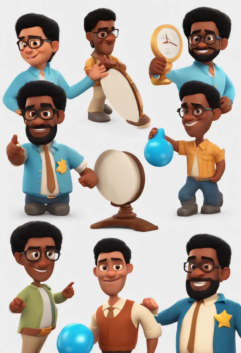 Crir um personagem dos desenhos animados estilo
Disney pixar, The character is a teacher, Man with black glasses and a blue shirt, ele tem a pele negra, I don't have hair, Blackbeard and is in a school, animation character, Caractere estilizado, animation style rendering, 3D estilizado, Arnold Maya render, 3 d render stylized, toon render keyshot, Personagem 3D, Personagem 3D, 3d rendering stylized, 3 d character render, personagem de desenho animado, Personagem de close up, Pose de personagem, (Estilo Pixar) (master part:1.2) (Bokeh) (best quality) (pele detalhada) (textura detalhada) (8k) (argila) (Cinematic lighting) (foco nítido