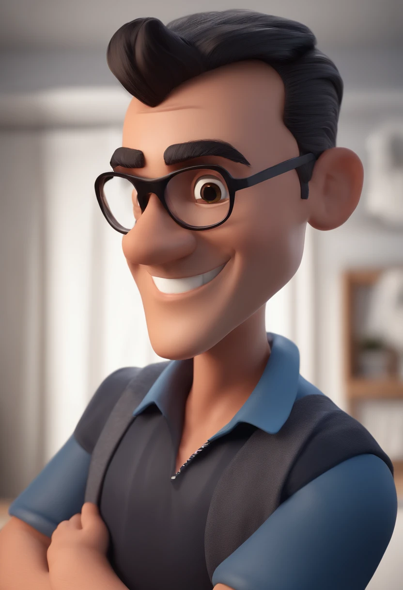 Cartoon character of a man with black glasses and a blue shirt, animation character, Caractere estilizado, animation style rendering, 3D estilizado, Arnold Maya render, 3 d render stylized, toon render keyshot, Personagem 3D, Personagem 3D, 3d rendering stylized, 3 d character render, personagem de desenho animado, Personagem de close up, Pose de personagem, (Estilo Pixar) (master part:1.2) (Bokeh) (best quality) (pele detalhada) (textura detalhada) (8k) (argila) (Cinematic lighting) (foco nítido