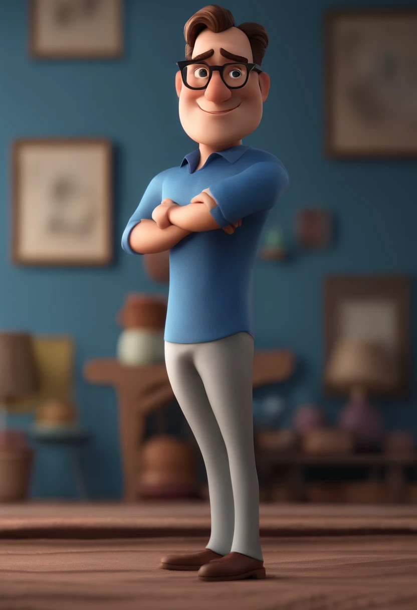 Cartoon character of a man with black glasses and a blue shirt, animation character, Caractere estilizado, animation style rendering, 3D estilizado, Arnold Maya render, 3 d render stylized, toon render keyshot, Personagem 3D, Personagem 3D, 3d rendering stylized, 3 d character render, personagem de desenho animado, Personagem de close up, Pose de personagem, (Estilo Pixar) (master part:1.2) (Bokeh) (best quality) (pele detalhada) (textura detalhada) (8k) (argila) (Cinematic lighting) (foco nítido