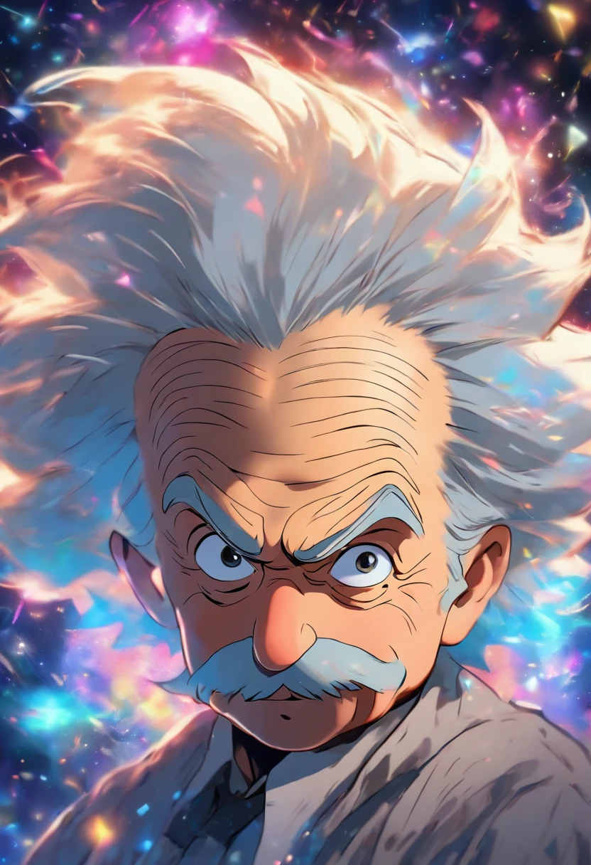 (best quality,highres),Albert Einstein,thoughtful expression,white hair,gray mustache,brilliant eyes,blackboard background,with chalk,physics equations,flying particles of knowledge,3D rendered portrait,painterly style,soft brushstrokes,vivid colors,subtle shading,historical genius,innovative thinker,lighting from above,soft shadows,depth and dimension