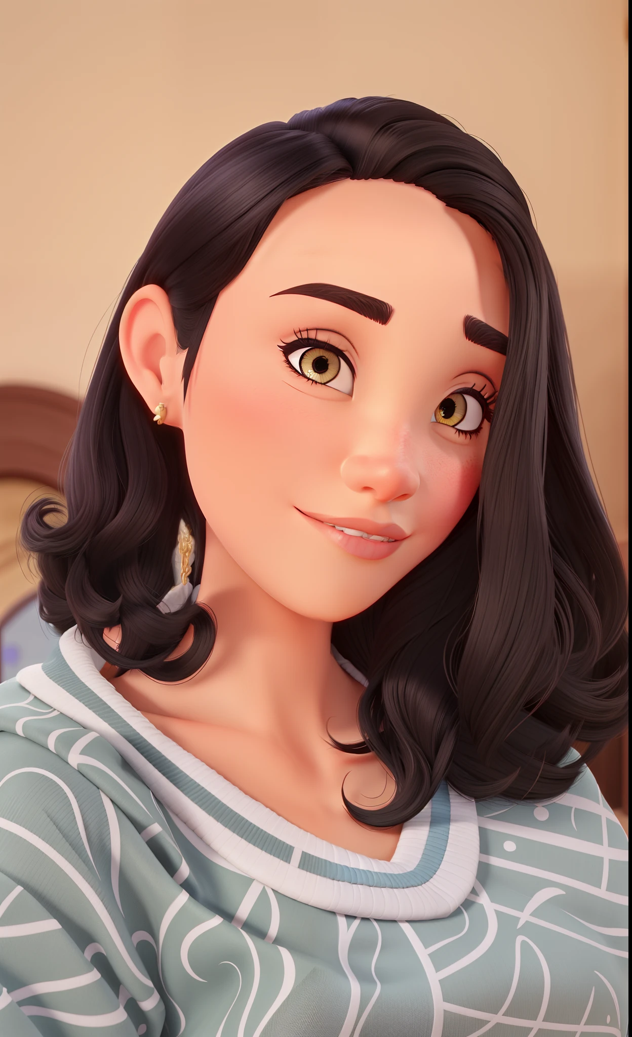 Mulher branca, cabelo preto, olhos pretos, estilo Disney/Pixar