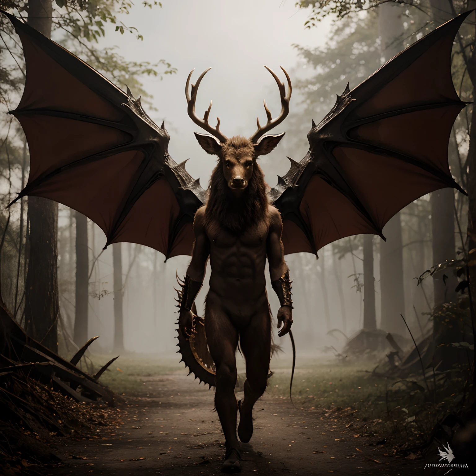 Crie uma arte abstrata nada realista, of a bipedal demonic deer with dragon wings
