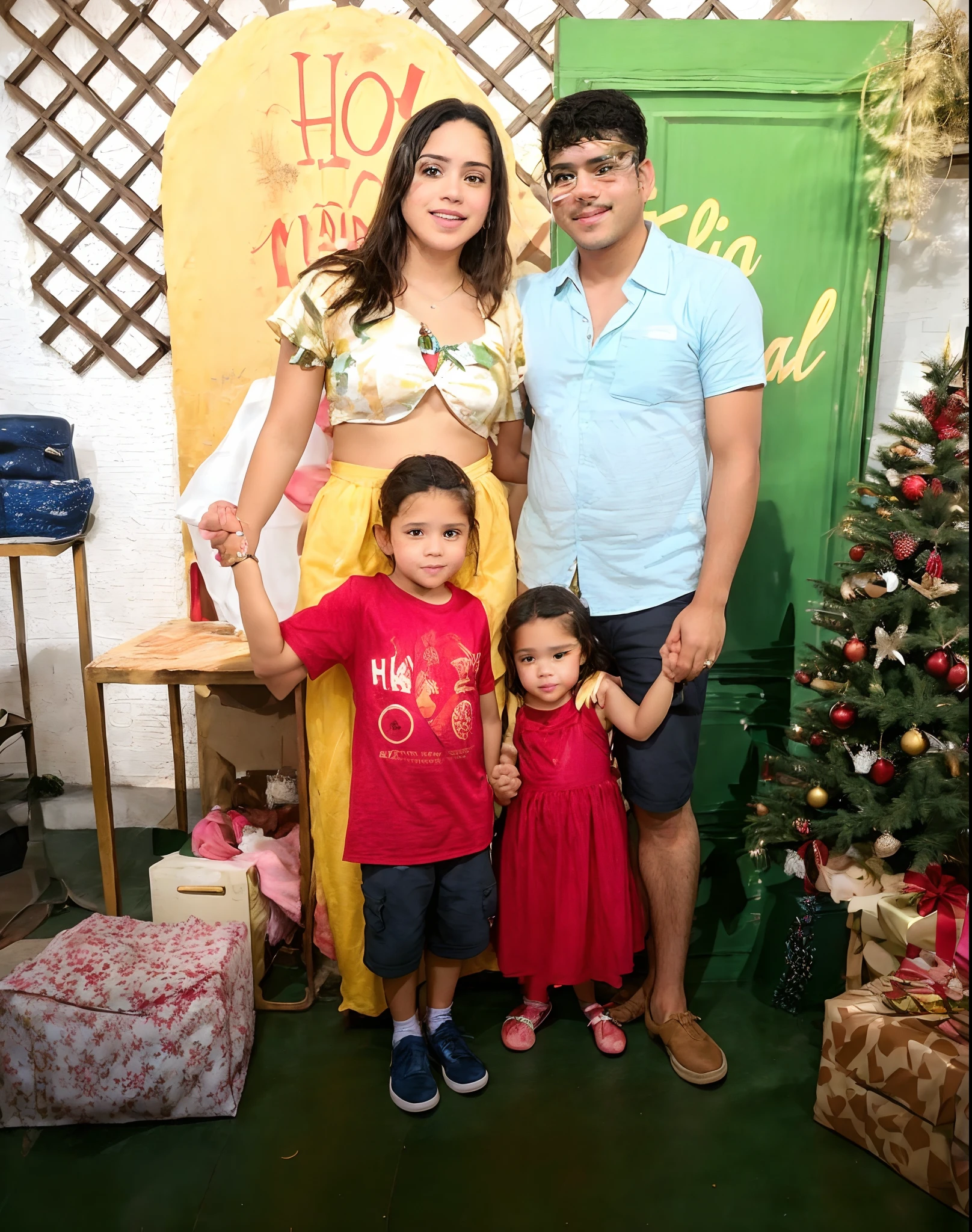 There is a man and a woman and two children posing for a photo, holiday season, holiday vibe, ๐คฌ ๐คฎ ๐ ๐, marido esposa e filho, modelagem para dulce e gabanna, feriado, ๐ญ ๐คฎ ๐ ๐, Family photo, Alanis Guillen, instagram post, facebook post, na frente do fundo branco, foto de perfil, Happy family