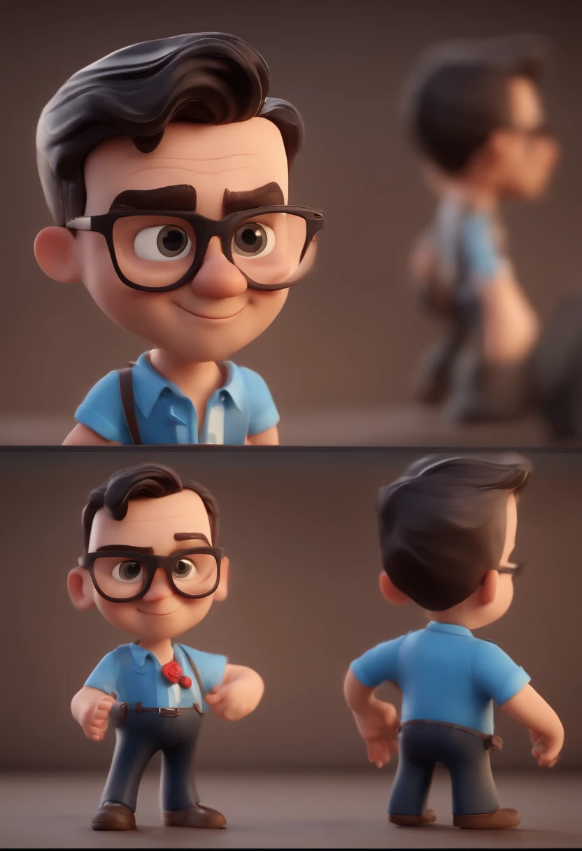 Cartoon character of a man with black glasses and a blue shirt, animation character, Caractere estilizado, animation style rendering, 3D estilizado, Arnold Maya render, 3 d render stylized, toon render keyshot, Personagem 3D, Personagem 3D, 3d rendering stylized, 3 d character render, personagem de desenho animado, Personagem de close up, Pose de personagem, (Estilo Pixar) (master part:1.2) (Bokeh) (best quality) (pele detalhada) (textura detalhada) (8k) (argila) (Cinematic lighting) (foco nítido