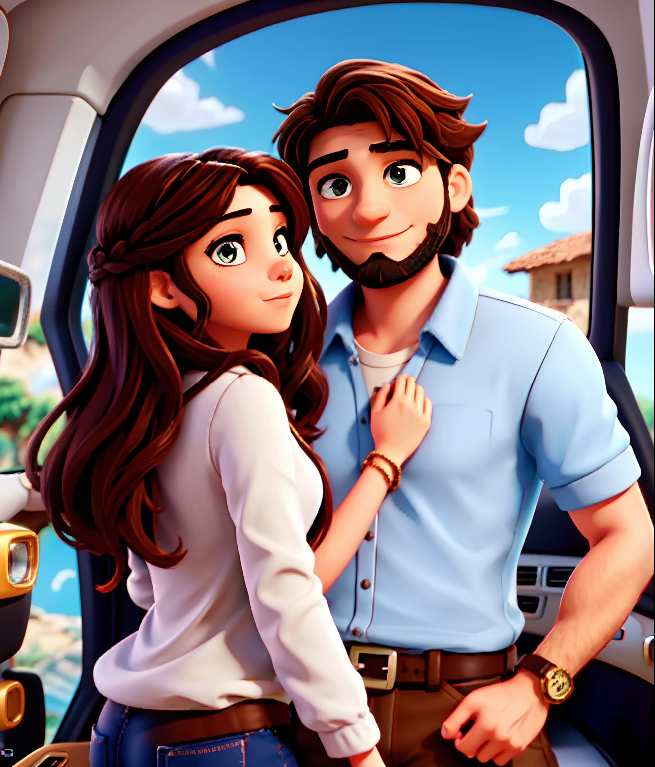 Um casal de aventureiros, the brunette man with a small beard and a brunette woman with medium straight hair, both very beautiful Brazilians, no fundo da foto um carro estilo van, escrito na lateral "antes de partir"