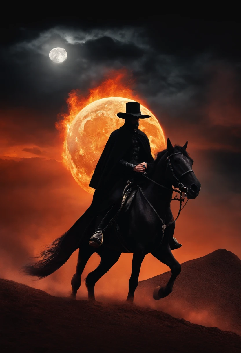 "Man with a big black hat, a wide black cloak, wearing black clothes, with flaming eyes, riding a black horse with fiery eyes, on the moon."