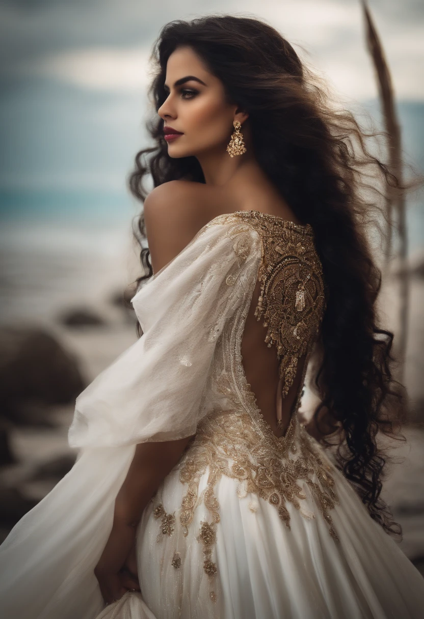 Uma bela e bela princesa jovem com cabelo preto com olhos preto, She's wearing her gorgeous long white dress