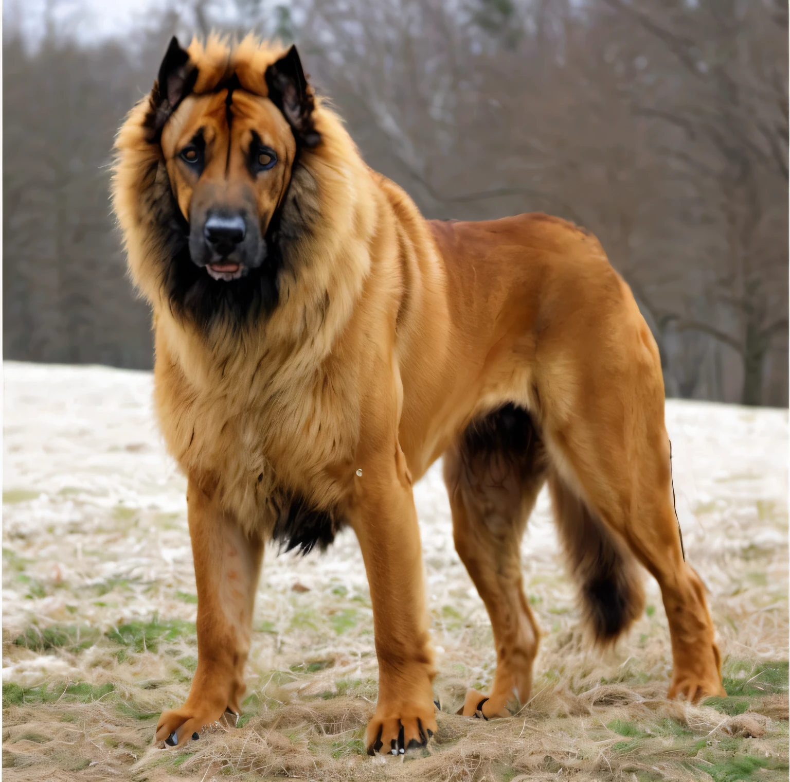 using phenotipic selection creat the Ridgeback Malinois Lions' Maned Collie Afghan dog, add a lions mane should start between ears, and ridgeback hair on back of, dominant traits of, a Rhodesian Ridgeback/Chow Chow hybrid dog,  the desired dog should have a well defined ridge on its back and the chow chow mane, this breed crossed with  a  Malinois/Kangal hybrid dog, now mix with a Afghan/Border collie hybrid that has the hips of the Afghan and the shoulders of the Border Collie, finallay this dog is mix with the Korean Jindo  the desired dog should have show the results of one hundred years of mixing affor mentioned breeds, in this dog breed art dipicting accurate offspring, with objective of creating a long lions' maned, ridged backed, scruff necked Malinois that has no growth limiter due to mixing and is larger than Kangal yet agile and swift like the breeds used to create such an intellegent, loyal, powerful, agile, athletic and musclular dog, with very majestic presence, using genetics we have breed a dog with a lions mane and a ridge on its back, and this art should be digital realism influenced by manga and also inpired by  PIXI Dot of artstation liquid foil gradient