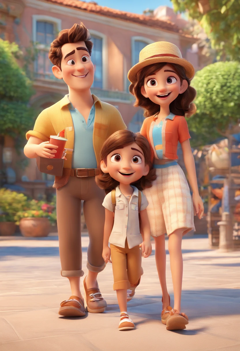 Cartoon of friends having fun on vacation together, 3D Animation Movie Poster, Poster de filme animado, pixar 3 d animation style, pixar renderman rendering, maia 8 mil, animated film, Disney Pixar Estilo 3D, amigos felizes saem juntos, all wearing light blue shirts and cream brown long pants, camisa azul clara, cream brown pants, ao ar livre, vacation, Disney Pixar Animation Poster