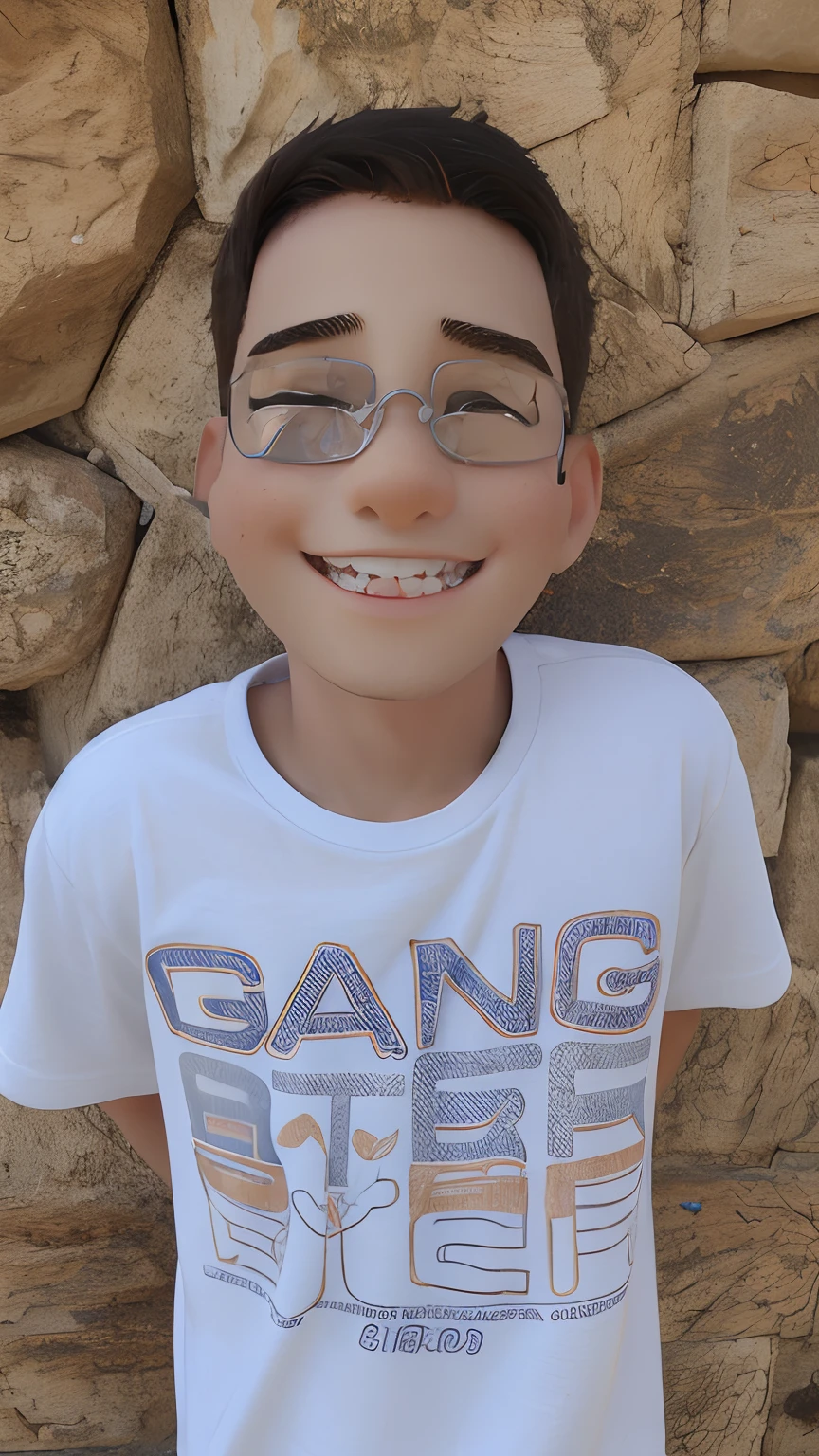quero um desenho de um menino de 9 anos sorrindo, de cabelos castanhos e oculos redondo
