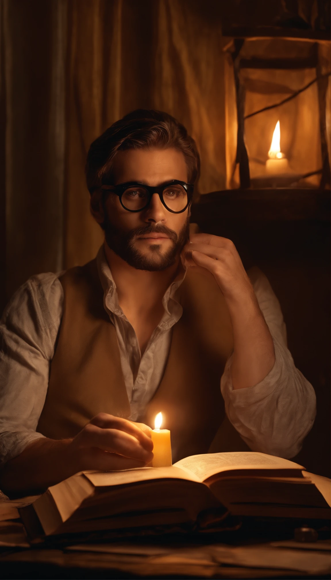 Um belo escritor masculino , with depression , wearing goggles , em um quarto escuro cercado por livros , lit by candle light , Beautiful photorealistic illustration , detalhes intrincados, olhar para frente, olhando para mim