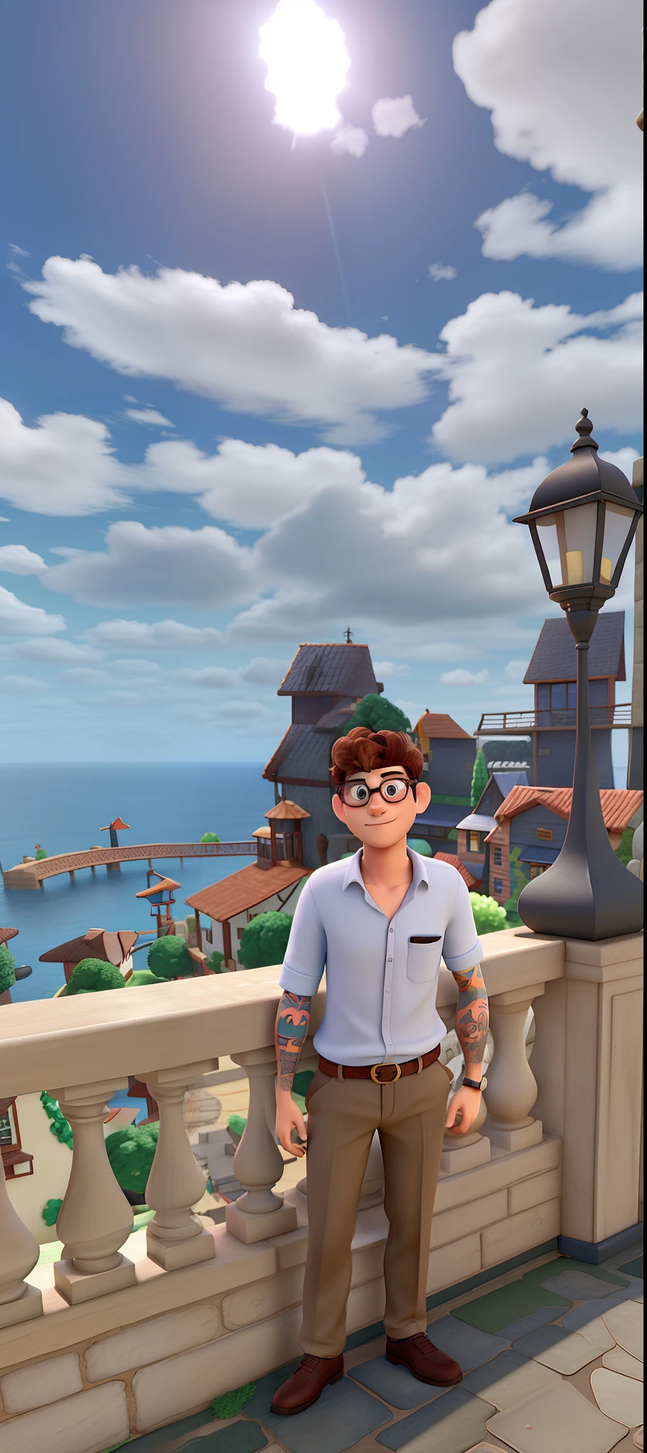 Homem moreno, wearing round glasses, Tortoiseshell frame, cabelo crespo curto, pixar 3D