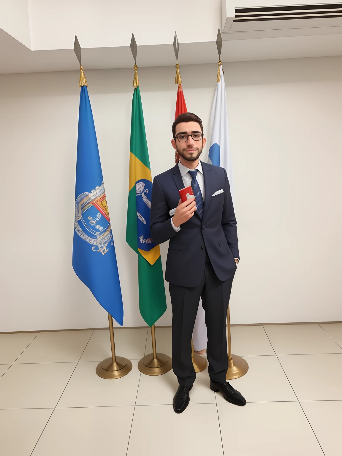 Um homem de 30 anos, com cabelos castanhos curtos,face de diamante, olhar rigoroso, e olhos castanhos, Wearing white white shirt with tie and glasses.