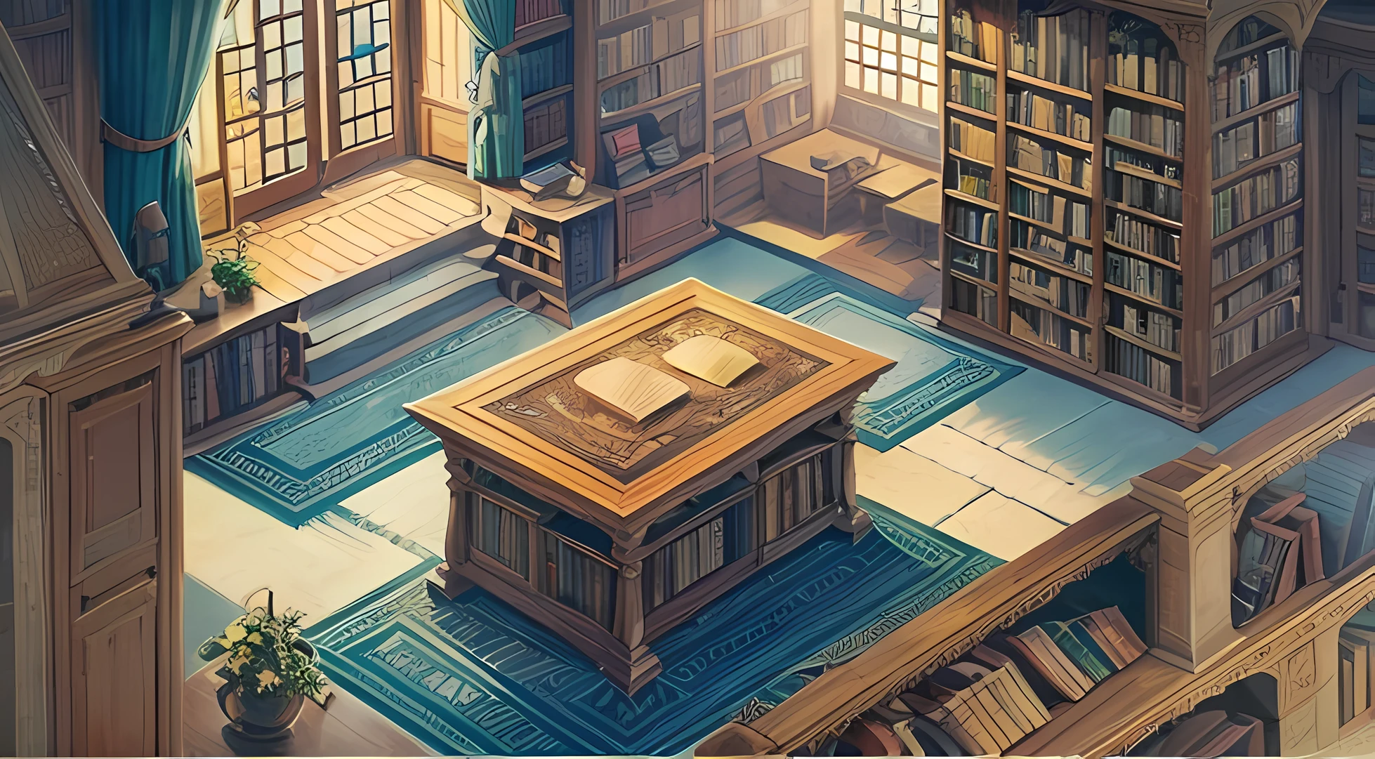 (aerial view,blueprint,library,cocstyle:detailed and vibrant,dusk),oil painting,old books,open windows,brightly lit,wooden shelves,vintage furniture,serene atmosphere,reading nooks,bookworm,curved staircase,hidden corners,quiet whispers,antique chandeliers,artificial fireplace,cozy armchairs,wisps of dust floating in the air,sun rays streaming in,muted colors,homely warmth,silent footsteps.