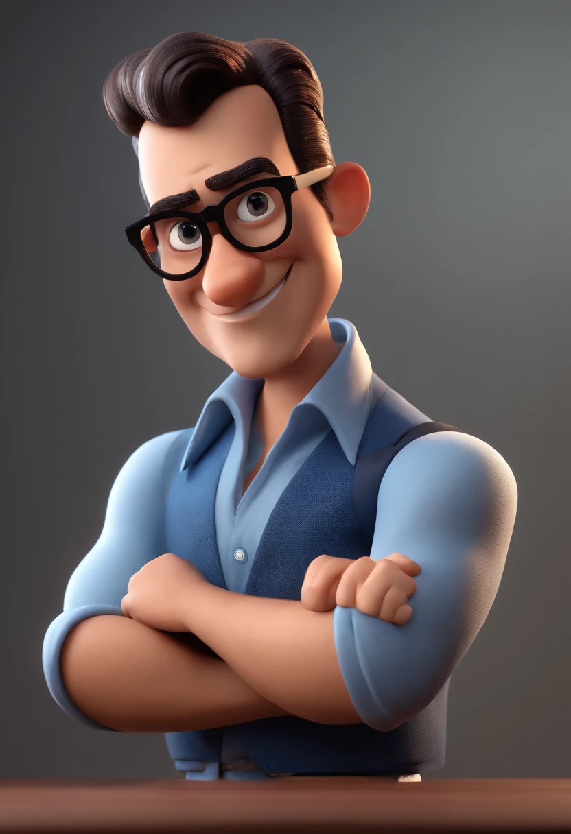 Cartoon character of a man with black glasses and a blue shirt, animation character, Caractere estilizado, animation style rendering, 3D estilizado, Arnold Maya render, 3 d render stylized, toon render keyshot, Personagem 3D, Personagem 3D, 3d rendering stylized, 3 d character render, personagem de desenho animado, Personagem de close up, Pose de personagem, (Estilo Pixar) (master part:1.2) (Bokeh) (best quality) (pele detalhada) (textura detalhada) (8k) (argila) (Cinematic lighting) (foco nítido