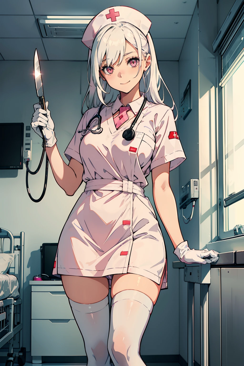 best quality, masterpiece, 1 girl, (silhouette lighting:1.2), (cowboy shot:1.3), one eye closed, sobbing, white nurse costume, origen, neogen, (skirtlift:1.2), sickroom, patient room, ward, sunset glow