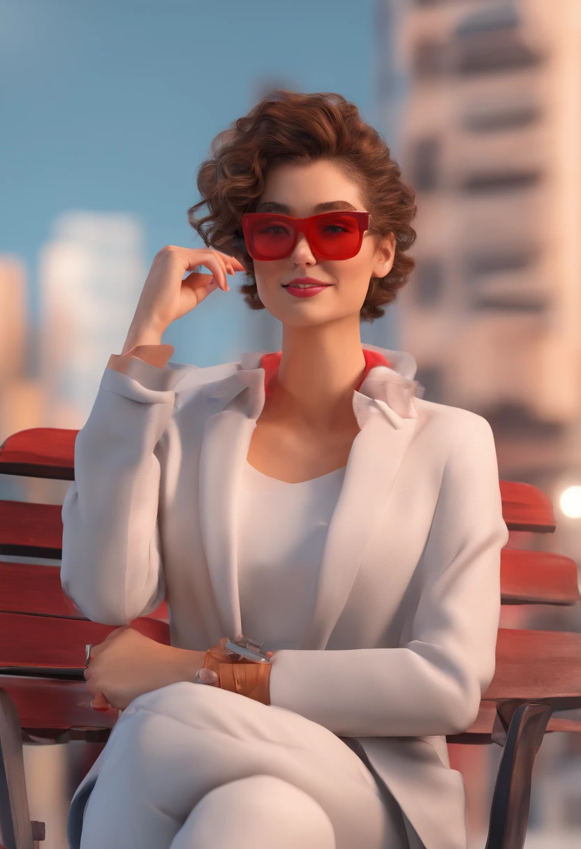Mulher branca, cabelos curtos castanhos estilo masculino, Wearing red prescription glasses, com roupa casual, She's sitting in a square.