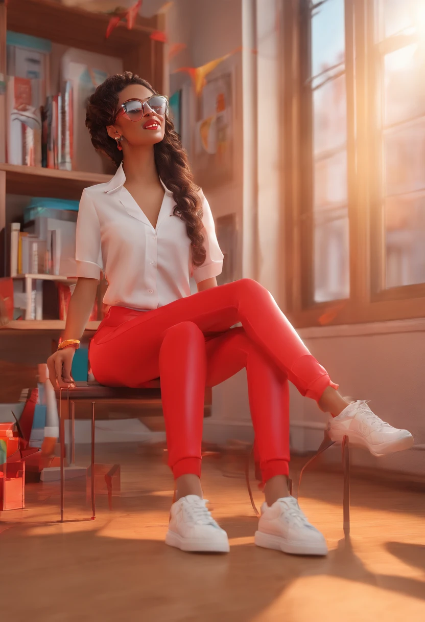 Mulher branca, cabelos curtos castanhos estilo masculino, Wearing red prescription glasses, com roupa casual, She's sitting in a square.