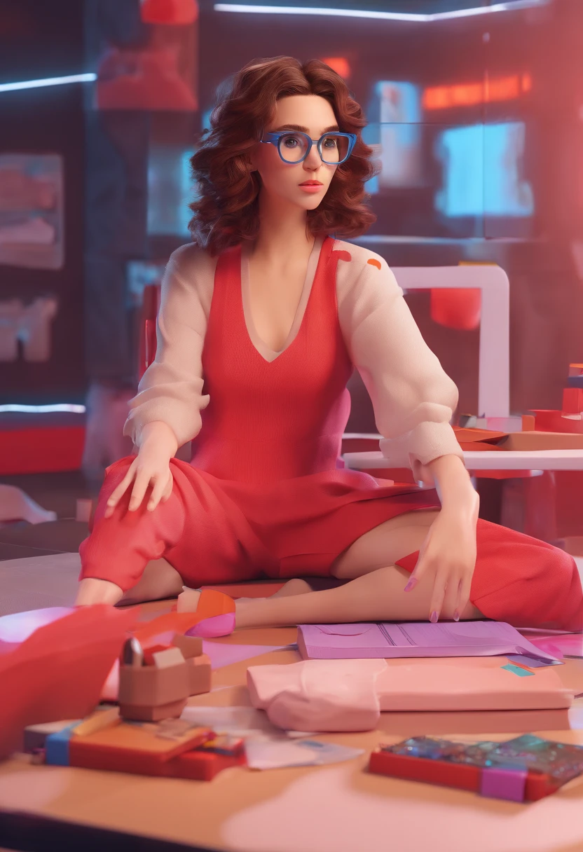 Mulher branca, cabelos curtos castanhos estilo masculino, Wearing red prescription glasses, com roupa casual, She's sitting in a square.